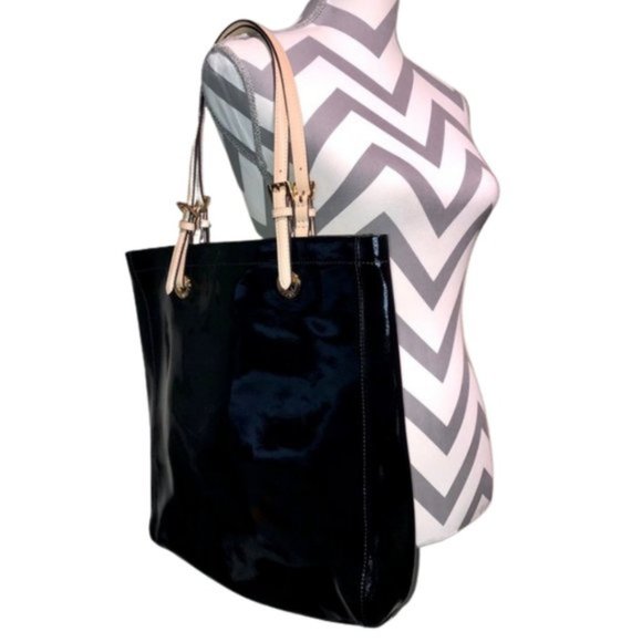 Michael Kors Black Leather Purse with Cream Leather Straps and Gold Buckles - Picture 2 of 14